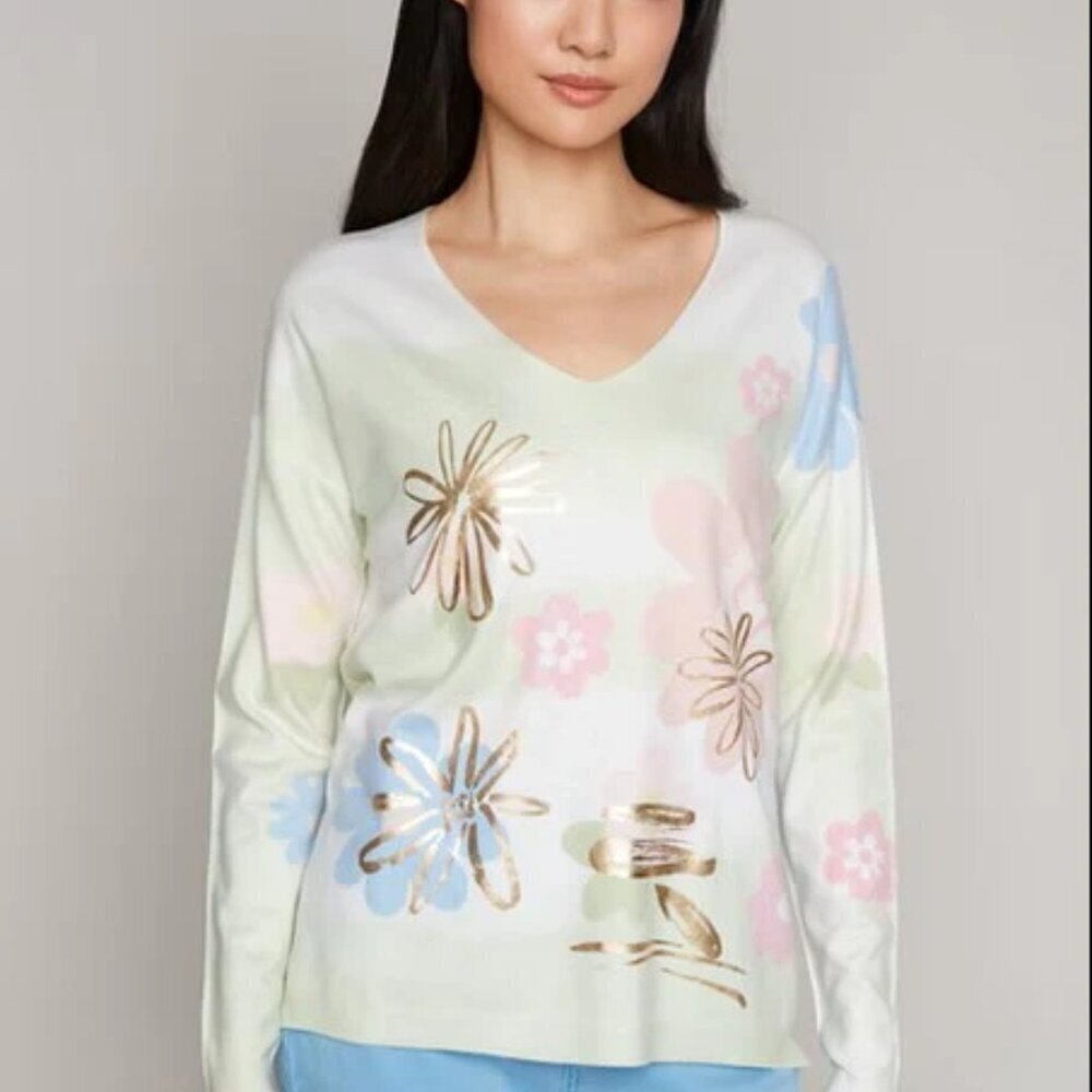 NWT carre noir Floral V-Neck long Sleeve Sweater Size Small